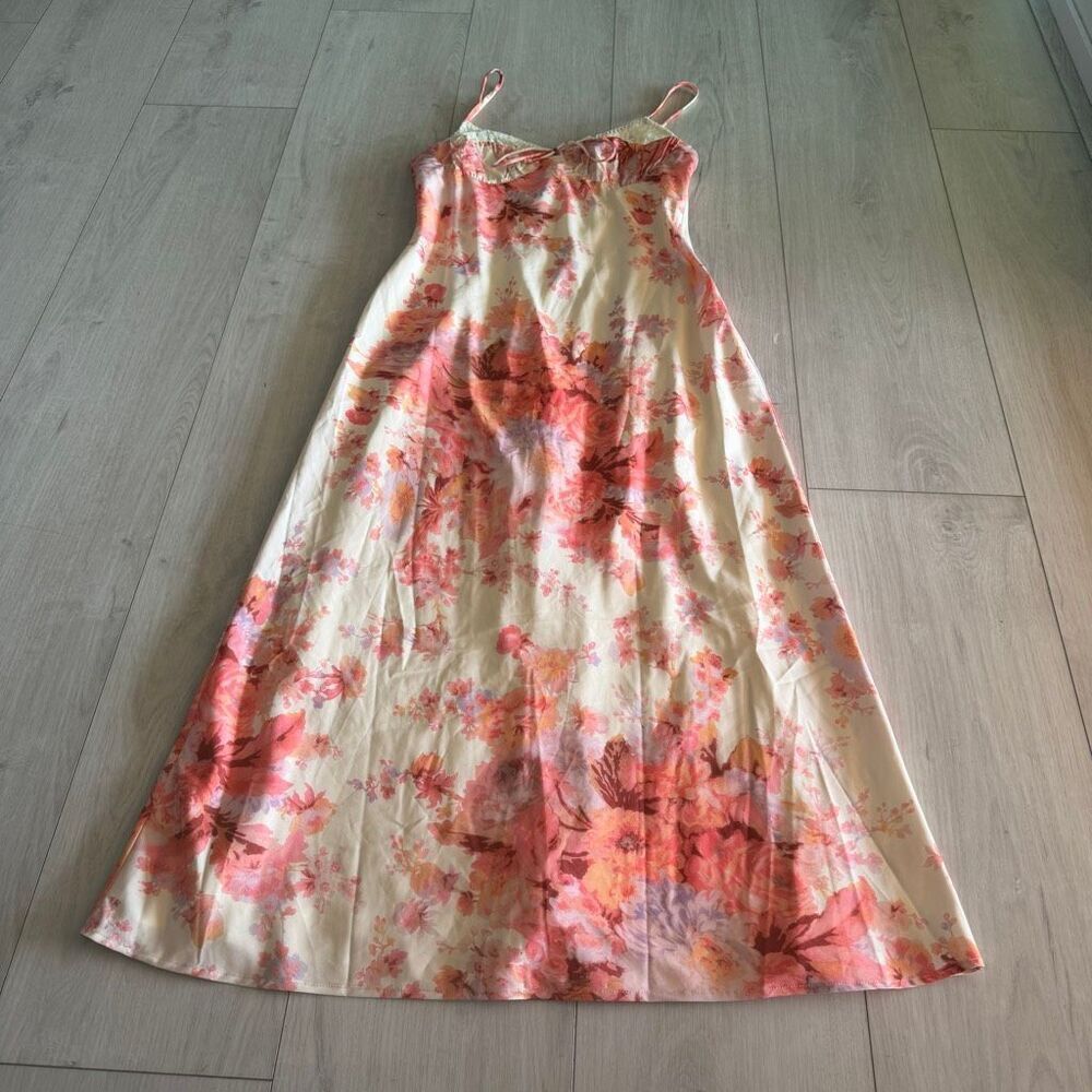 Kiss The Sky Floral Printed Satin Slip Midi Dress (in the "Orange Multi" size L